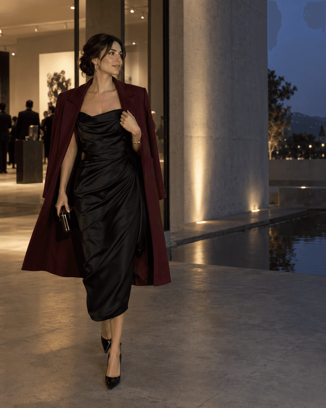Woman in an oxblood coat over a black evening outfit